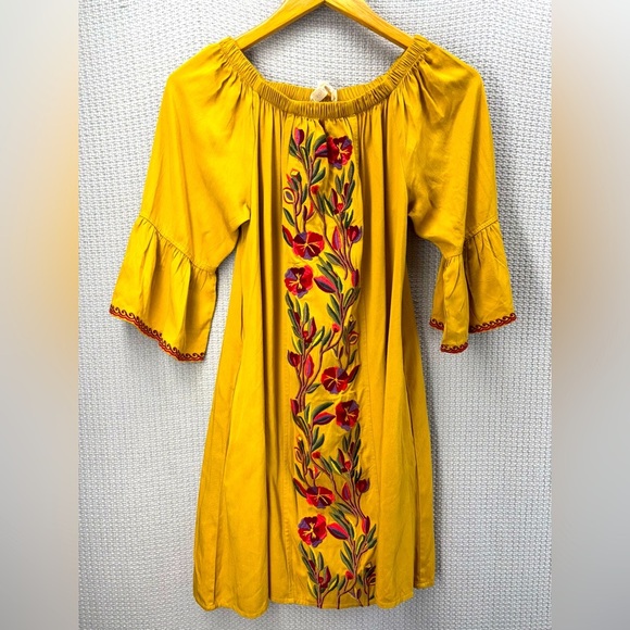 Anthropologie Solitaire Yellow Floral Embroidered Shift Dress Sz S Boho Peasant - Picture 1 of 11
